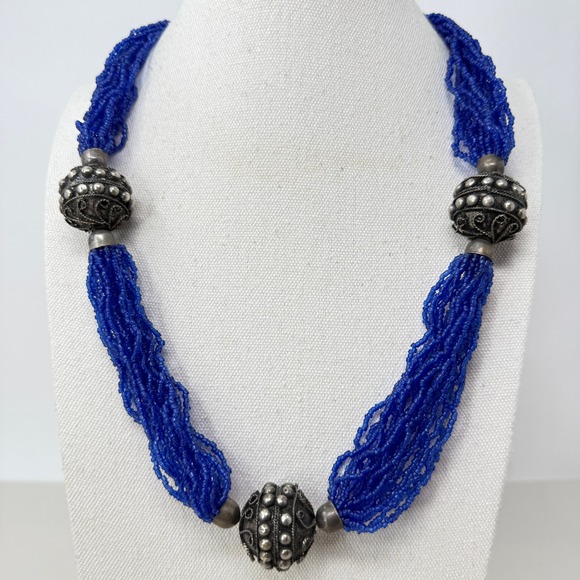 Persian Antique Necklace Filigree Chunky Beads Blue Glass Seed Beads